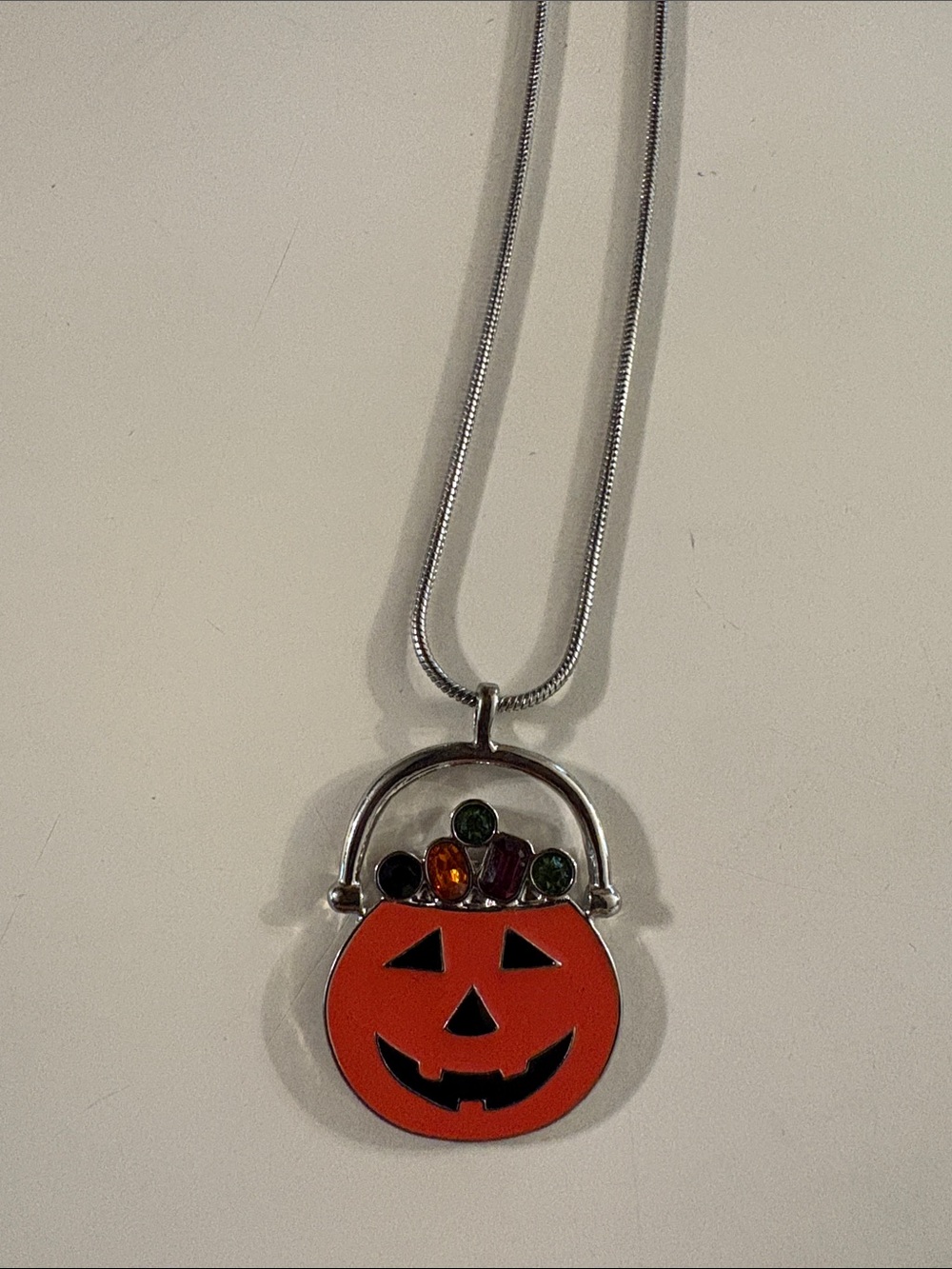 Halloween Talbots Pumpkin Candy Bucket Pendant Necklace - Orange Silver